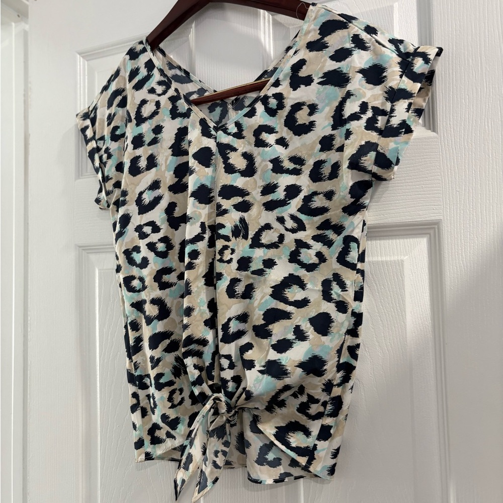 Juicy Couture Black and Tan Cap Sleeve Tie Front Blouse